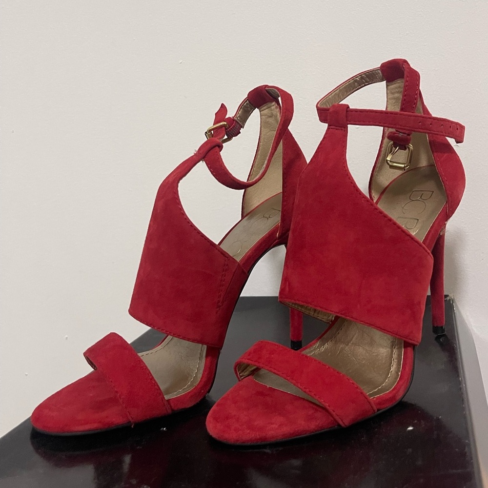 BCBG Red Suede Open-Toe High Heel Stiletto Sandals.